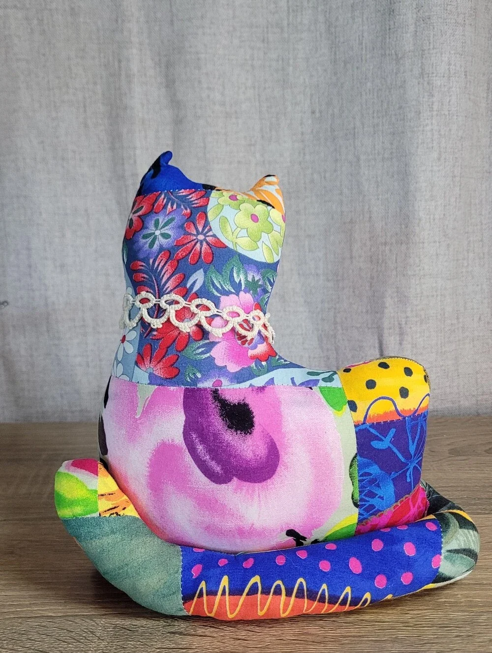 Vintage Handmade Multicolor Patchwork Cat Decorative - Home Accents 80s